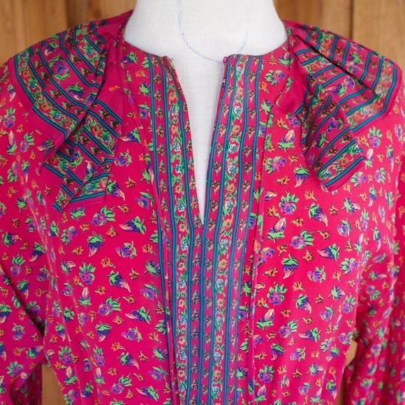 Vintage I. Magnin 100% Silk Fuchsia Long Sleeve Floral Boho Midi Dress Size L - Picture 5 of 17